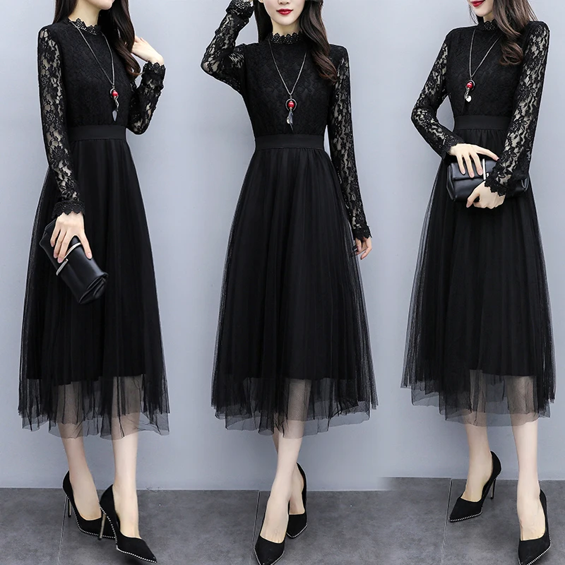 

2020 Lace Patchwork Mesh Dresses Spring Autumn 4XL Plus Size Long Sleeve Solid A-Line Dress Elegant Women Bodycon Party Vestidos