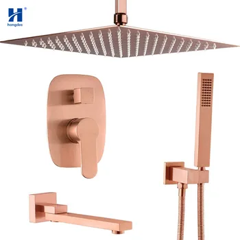 

Hongdec Luxury Brass Brushed rose gold Ceiling Mounted Rainfall Shower System with 12" Rain Shower head Spout Tube Mixer set