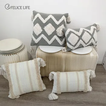 

ins Embroidery Cushion Cover Nordic Moroccan Geometric Tassel Pillowcase High Quality Home Deco Pillow Cases