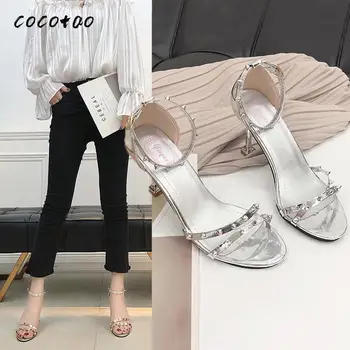 

2020 Spring And Summer New Super High Heel Fashion Stiletto Sandals Women Open Toe Sexy Rivet Word Buckle Cat Heel Women's Shoes