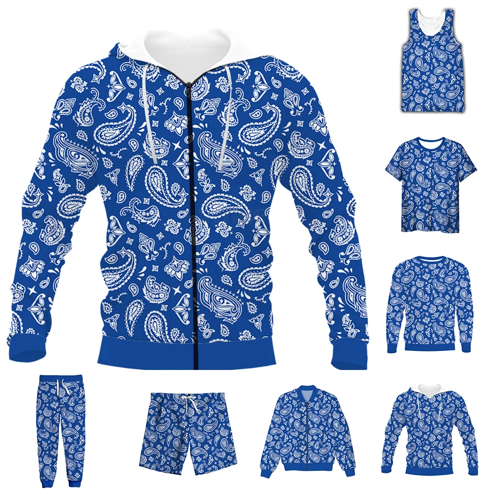 

New Funny 3D Full Print Bandana Blue Paisley T-shirt/Sweatshirt/Zip Hoodies/Thin Jacket/Pants Four Seasons Casual Suit V5
