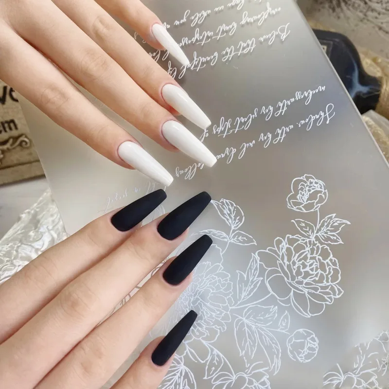 Preto e Branco Falso Longo Unha Fosco Caixão Armadura Unhas Destacável Wearable Capa Completa Dicas 24 Pçs