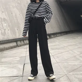 

HziriP Casual High Waist Women Loose Simple Straight Solid 2019 Fashion Brief Slender Hot Full Length Wide Leg Pants Send Sashes