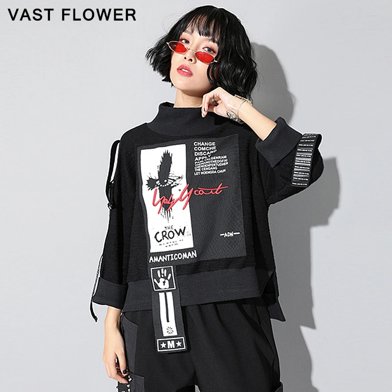 Najtaniej Drukuj wzór w napisy bluza bluzy kobiety koreański moda nowy sweter patchwork wstążka ubrania luźne topy na co dzień 2019 jesień