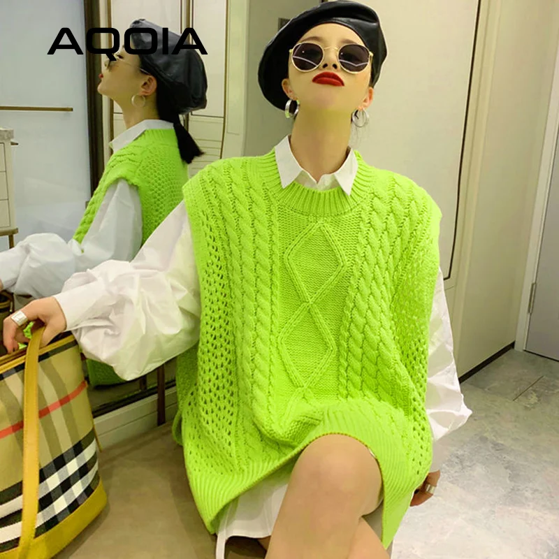 Harajuku Loose Fluorescent Green Women Sweaters Korea Oversize Knit Woman  Sweater Vest 2022 Winter Plus Size Pullover Clothing - AliExpress