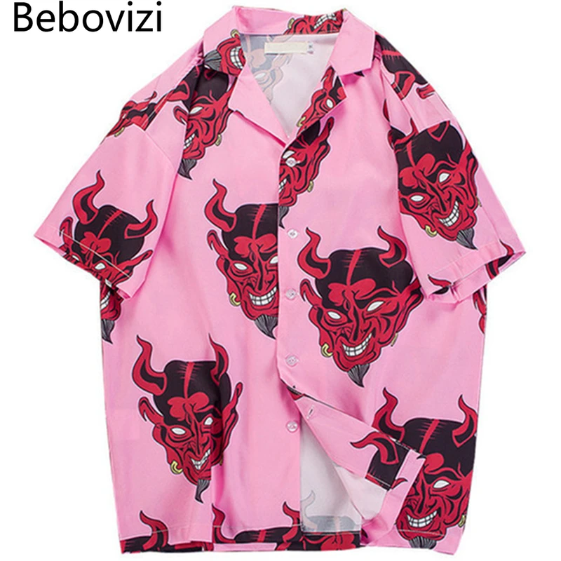 Bebovizi estilo japonés demonio imprimir camisetas hombres playa Aloha pantalón corto Casual manga Hawaiano Hip Hop Harajuku Streetwear rosa