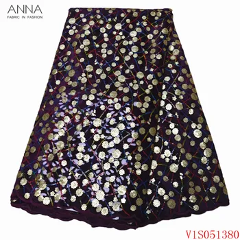

Anna purple velvet embroidery fabric african mesh lace 5 yards/pcs french net laces sequins fabrics for women party dress,sewing