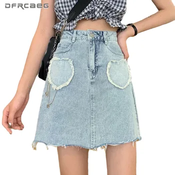 

Light Blue Womens Denim A-Line Skirts With Love Edge 2020 Summer High Waist Vintage Ladies Jeans Mini Skrit Female Saia