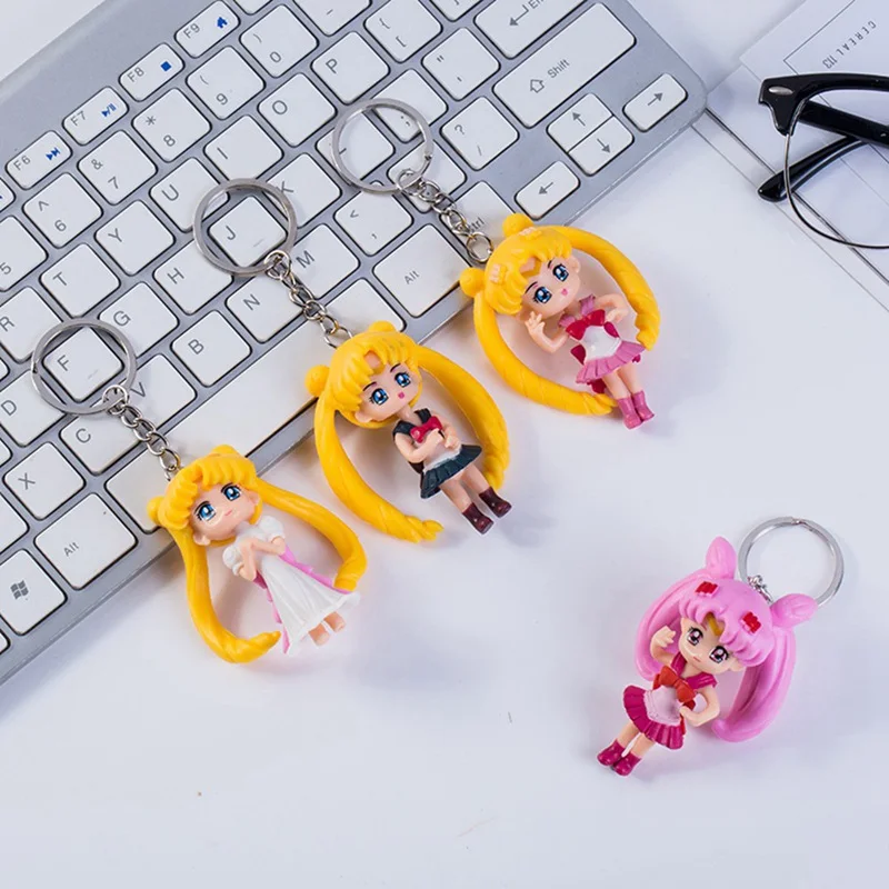 

4Pcs/Set Japanese Anime Sailor Moon Keychain Cosplay Cute Pendant Keyring Mini Sailor Moon Figure Girl Doll Toys Key Chains