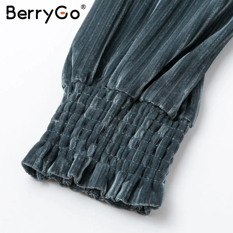 BerryGo, винтажная водолазка, полосатая бархатная блузка, женская мода, рукав-фонарик, Женский Топ, рубашки, Осень-зима, свободная женская рубашка