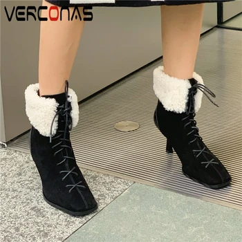 

VERCONAS Casual Basic Ankle Boots For Women Genuine Leather High Heels Shoes Woman Autumn Winter Warm New Lace-Up Snow Boots
