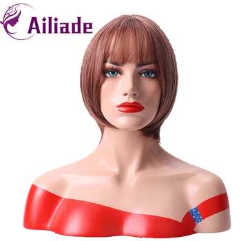

AILIADE Red-brown Short Straight Hair Bob Wigs Synthetic Wig For Women With Bangs High Temperature Resistance