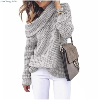 

Women Casual Solid Slash Neck Long Winter/Autumn Sleeve Loose Knit Pullover Sweater Regular
