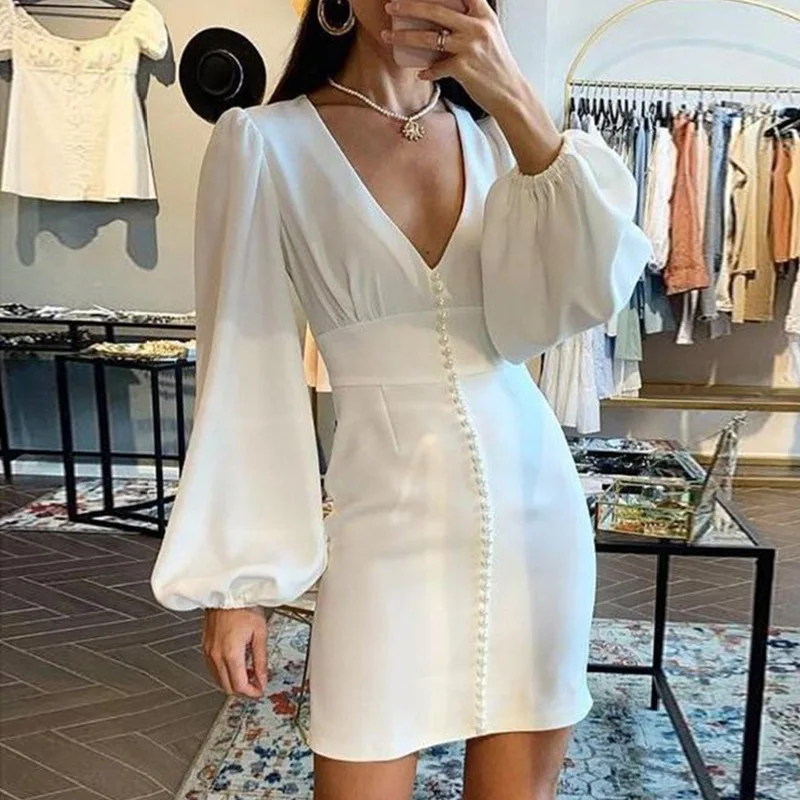 Women's Satin Bodycon Dresses Deep V Neck Botton Lantern Sleeve Mini