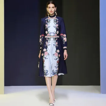 

Ruffle Long Sleeve Print Vintage Runway Designer Style European Midi Elegant High Quality Floral High Quality Women Vestidos