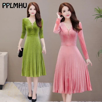 

Candy Color Dress Women Spring Fashion Pink Plus Size Midi Velvet Vestidos Elegant V-neck Long Sleeve A-line Party Dresses Red