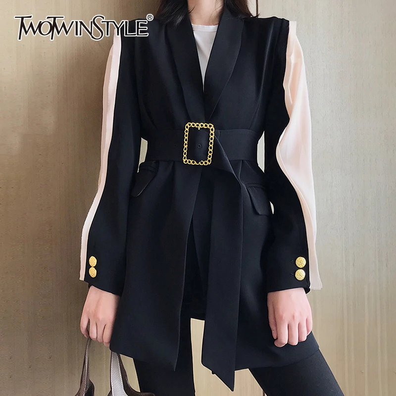 

TWOTWINSTYLE Elegant Women's Blazer V Neck Hit Color Patchwork Sleeve Tunic Lace Up Autumn Long Blazers Female 2019 Fashion