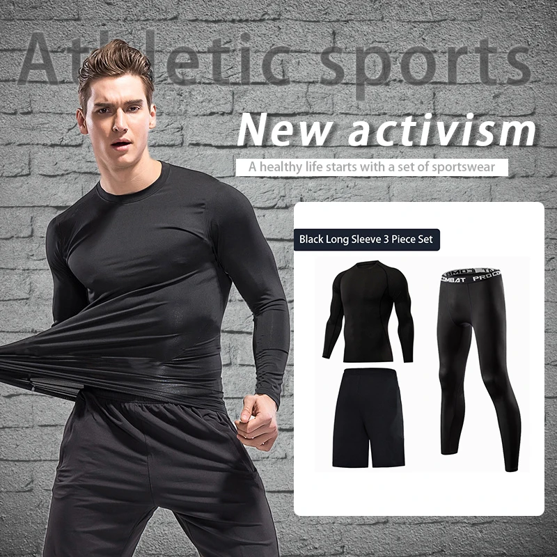 

3pcs / Set Men's Tracksuit Sport Suit Gym Fitness Compression Clothing Running Jogging Sport Wear Exercise Workout Tights