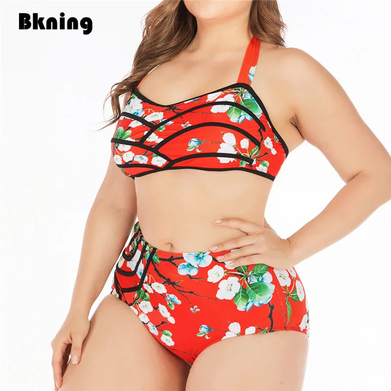 

4XL Swimsuit Plus Size Bikini Set High Waist Swimwear for Women 2XL Underwire Biquini Halter Bandage Swim Wear Big Red Printed
