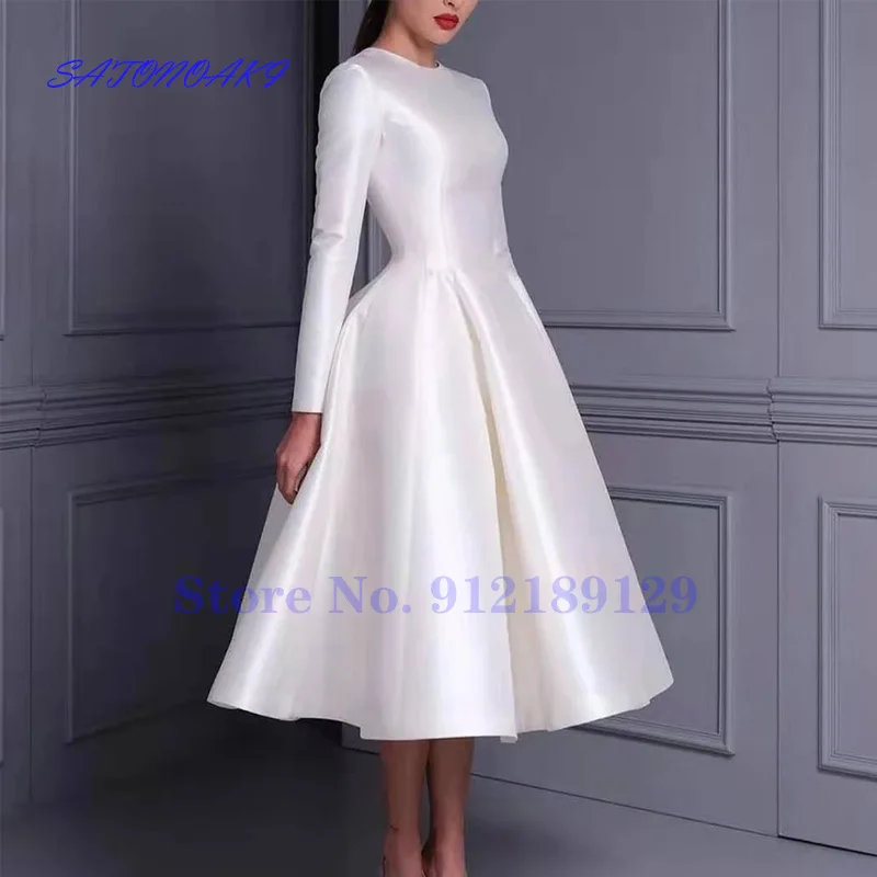 Vestidos De Novia 2021 Short White Satin Wedding Dresses Tea Length O-Neck A-Line Zipper Back Bridal Gowns Robe Mariée France 3