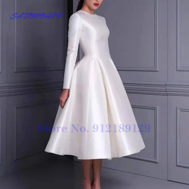 Vestidos De Novia 2021 Short White Satin Wedding Dresses Tea Length O-Neck A-Line Zipper Back Bridal Gowns Robe Mariée France traditional wedding dresses