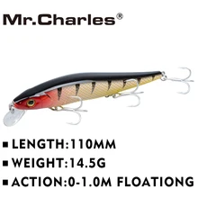 Mr.Charles CMC004 Fishing Lure 110mm/14.5g 0-1.0m Floating Super Minnow Three Hooks Crankbait Long Shot Hard Bait