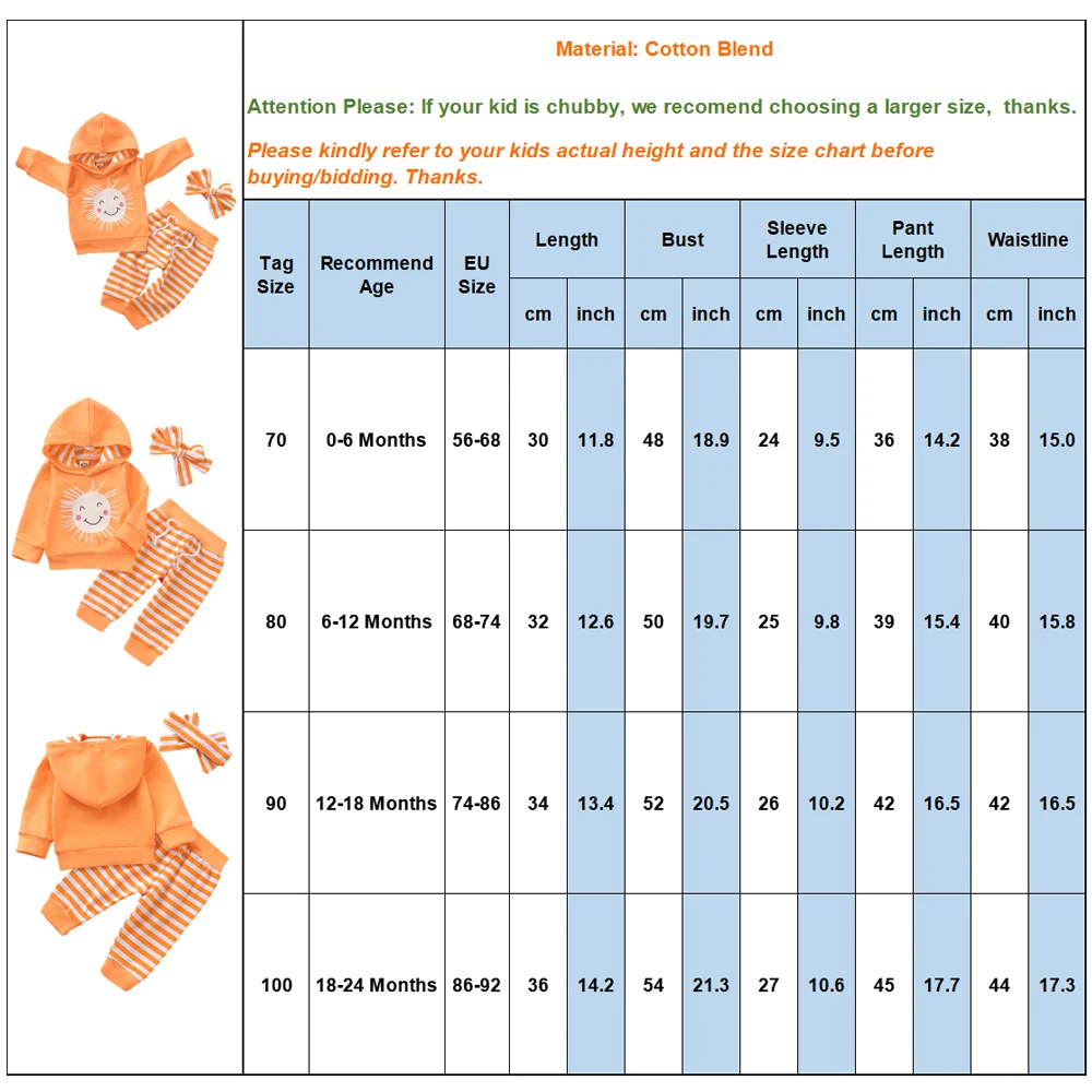 Одежда в оранжевую полоску для маленьких девочек, спортивный костюм свитер с капюшоном и принтом+ леггинсы+ набор с головной повязкой для детей 0-2 лет, D30