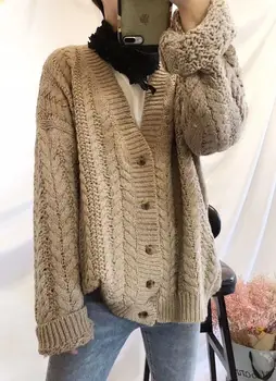 

Female new spring and autumn plus size outerwear literary retro V-neck buckle casual wild solid color knitted loose cardigan