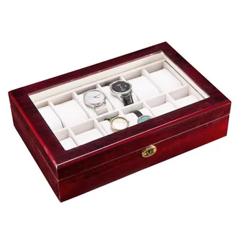 

12 Slots Wooden Case Watch Display Case Glass Top Jewelry Storage Organizer Gifts