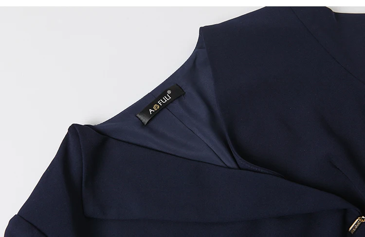 AOFULI L/XL/2XL на молнии гофрированное женское платье асимметричного кроя осень v-образный вырез с коротким рукавом офисное женское темно-синее платье A4063