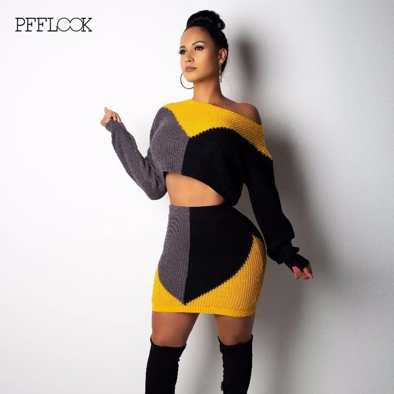 

PFFLOOK Knitting 3 Color Patchwork Two Piece Set Long Sleeve Crop Top And Skirt Women Set Sweater 2 Piece Set Women Outfits