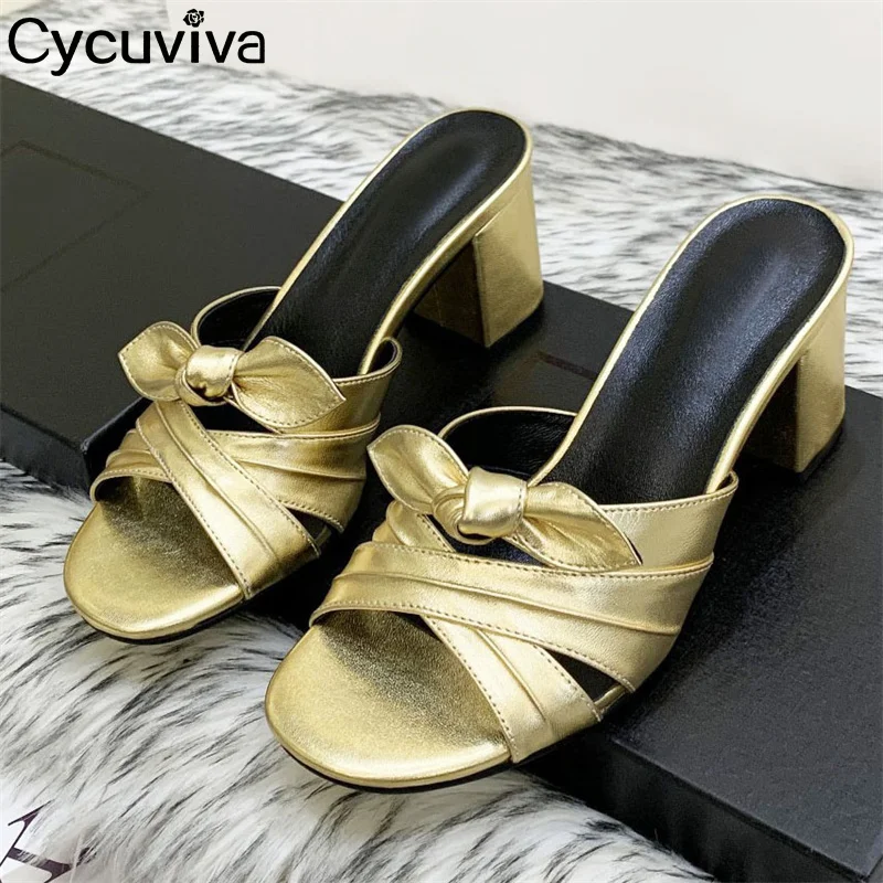 

Gold Silver Chunky Mid Heel Slippers for Woman Round Open toe Leather Mules Ladies Summer Ethnic Style Brand Party Shoes mujer