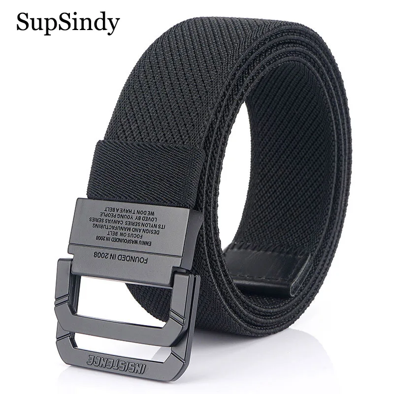 

SupSindy Men Stretch nylon belt Metal double ring buckle Belts for women waistband fashion jeans belt elastic outdoor male strap