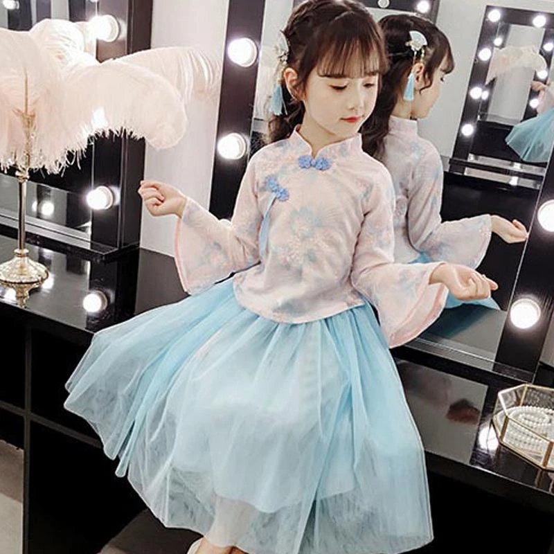 Hanfu/детский кружевной Чонсам; Ципао для девочек; Традиционный китайский новогодний костюм; восточные платья с длинными рукавами; платье для дня рождения