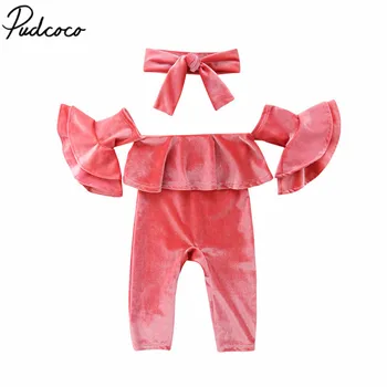 

2019 Baby Clothing Toddler Kid Baby Girls Velvet Clothes Ruffle Fashion Jumpsuit Romper Headband Outfits Set Solid Color 0-24M