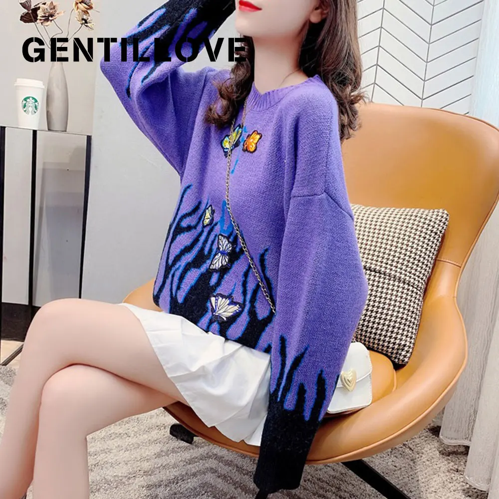 

Autumn Winter Harajuku Flame Knit Sweater Butterfly Embroidery Women Pullover Casual Loose Sweaters Streetwear Jumper 2020