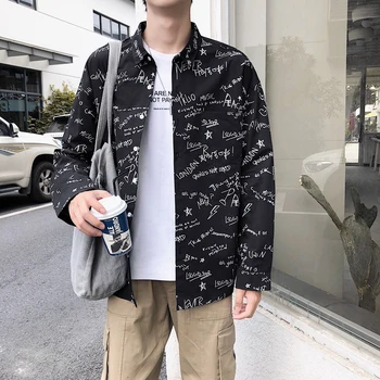 

2019 Autumn Men's Letter Printing Lapel Collar Long Sleeve Shirt Bf Tide Fashion Loose White/black/brown Color Shirt Size M-2XL
