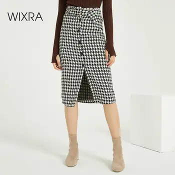

Wixra Houndstooth Skirts Autumn Winter Warm Skirt With Sashes Streetwear Casual Knee-Length Pencil Skirt