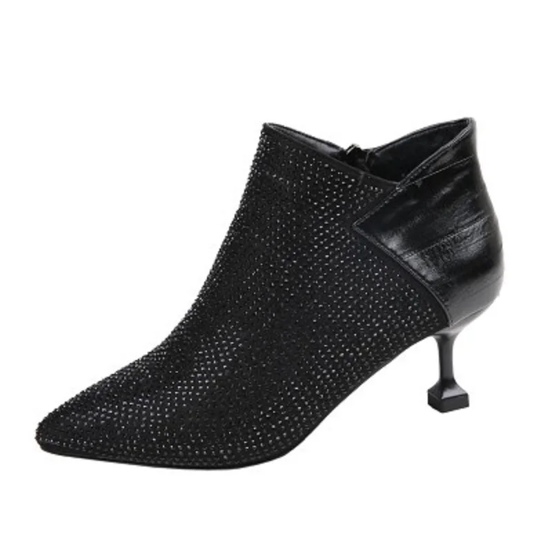 

Booties women's high heels 2019 autumn and winter new fashion rhinestone stiletto women's bare boots pointed