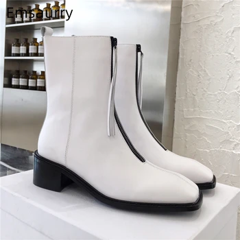 

British Style Genuine Leather Ankle Boots Women Unique Square Toe Med Square Heel Front Zipper Winter Boots Woman