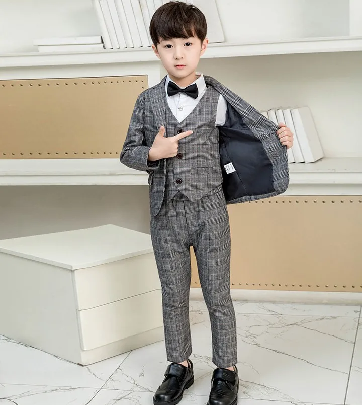 Jakcet Vest Pants J Торжественный клетчатый Свадебный костюм с цветочным узором для мальчиков, детский блейзер в английском стиле+ штаны+ жилет+ галстук, костюм из 4 предметов для мальчиков, детский праздничный костюм - Цвет: Jakcet Vest Pants J