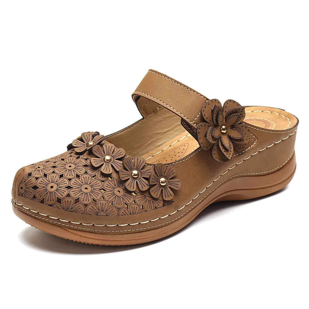 SHUJIN/женские босоножки; коллекция года; сезон лето; женская обувь ручной работы; кожаные сандалии с цветочным рисунком; женская обувь на плоской подошве в стиле ретро; женская обувь - Цвет: Brown