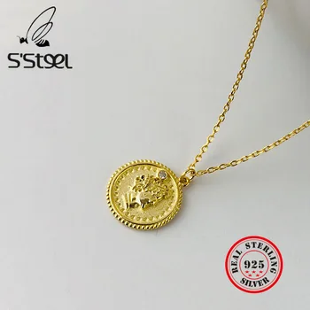 

S'STEEL Necklace For Women 925 Sterling Silver Round Coin Pendant Statement Vintage Gold Necklaces Collares Mujer Fine Jewelry