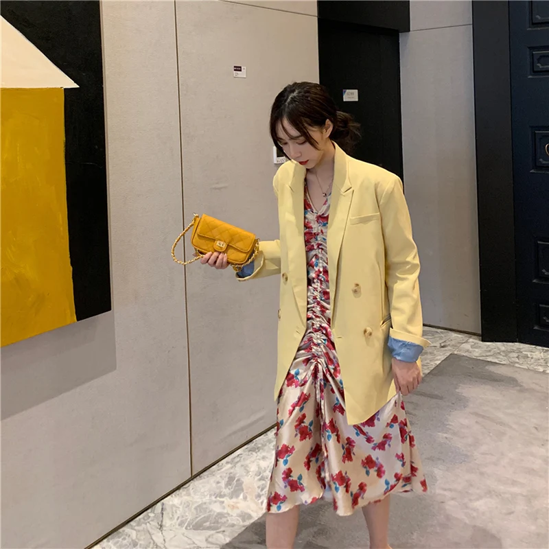 Модный желтый блейзер для леди офисные карманы блейзеры больших размеров женская осенняя свободная повседневная куртка Женский корейский Стиль Уличная