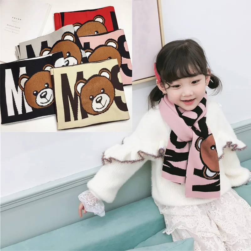 

2019 New Cartoon Bear Winter Scarf , Muticolor Cute Letter Children Warm Collor Long Scarf, fashion Ring Children scarves