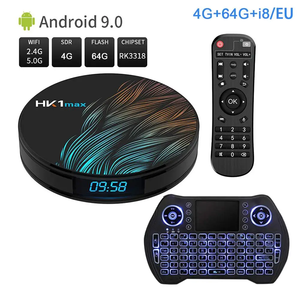 Comprar Android 9,0 HK1MAX Mini caja de TV inteligente 2,4G 5G Wifi Quad Core BT 4,0 Set Top caja Netflix reproductor de medios de Control de voz PK X96 HK1.