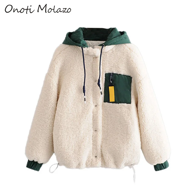 New  Onoti Molazo Jackets Coats Women Fur Thick Winter with Hat Zipper Casual Ladies Teddy Coats Jacket 