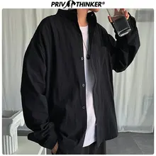 Privathinker хлопковые осенние корейские Для мужчин рубашки в полоску карманы Slim Fit Для мужчин свободного кроя, воротник-стойка, воротник-стойка; сезон весна-осень уличные Стиль Топы