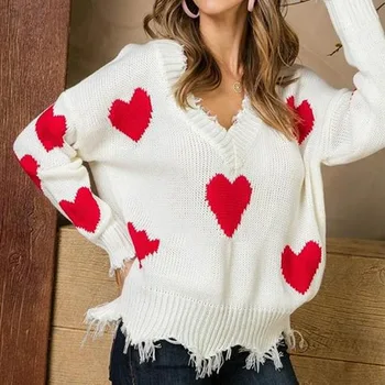 

Women's Sweater Loose Long Sleeve Heart Tassel Jumpers V Neck Off One Shoulder Knit Tops Pullover Sweatshirts Female Autumn