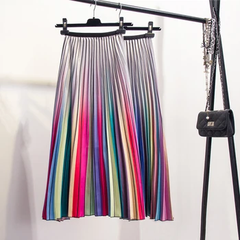 

2019 Summer Women Midi Skirts Bottom Series Fashion Ladies Striped Printed High Waist A-line Pleated Skirt For Women Female